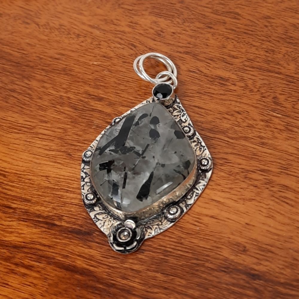 Elegant Silver and Larvikite Natural Stone Pendant